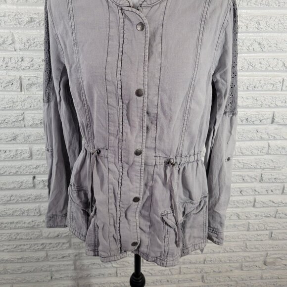 Maurices Womens Jacket XL Gray Linen Cotton Eyelet Zip Snap Up Casual GRA6E - Picture 4 of 11